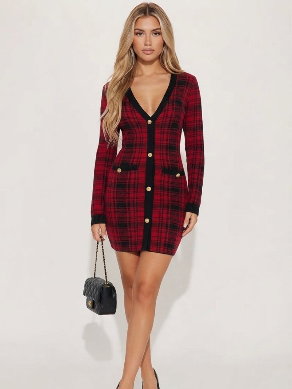 Fashion Nova Red and Black Tall Power Hour Plaid Mini Dress Large 39981